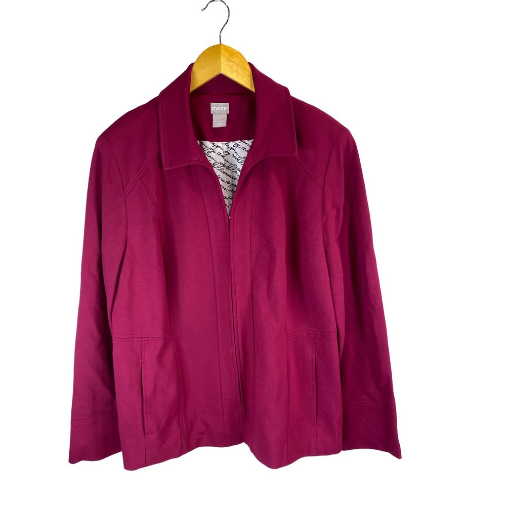 Chicos Magenta Pink Ponte Knit Hook Front Jacket Size 2 Large Script Lining